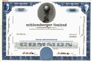 Schlumberger (the company) made its name in well logging. This early stock certificate shows images of the brothers in the corners. Marcel is in the upper left and Conrad in the upper right.